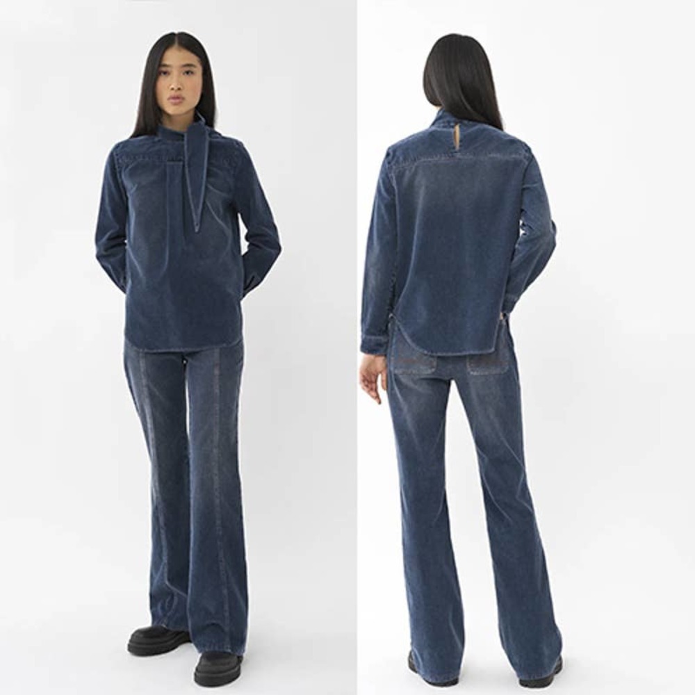 See By Chloe Knotted Tie Codruroy Blouse Top Women's Dusky Blue Size: Large Nwt